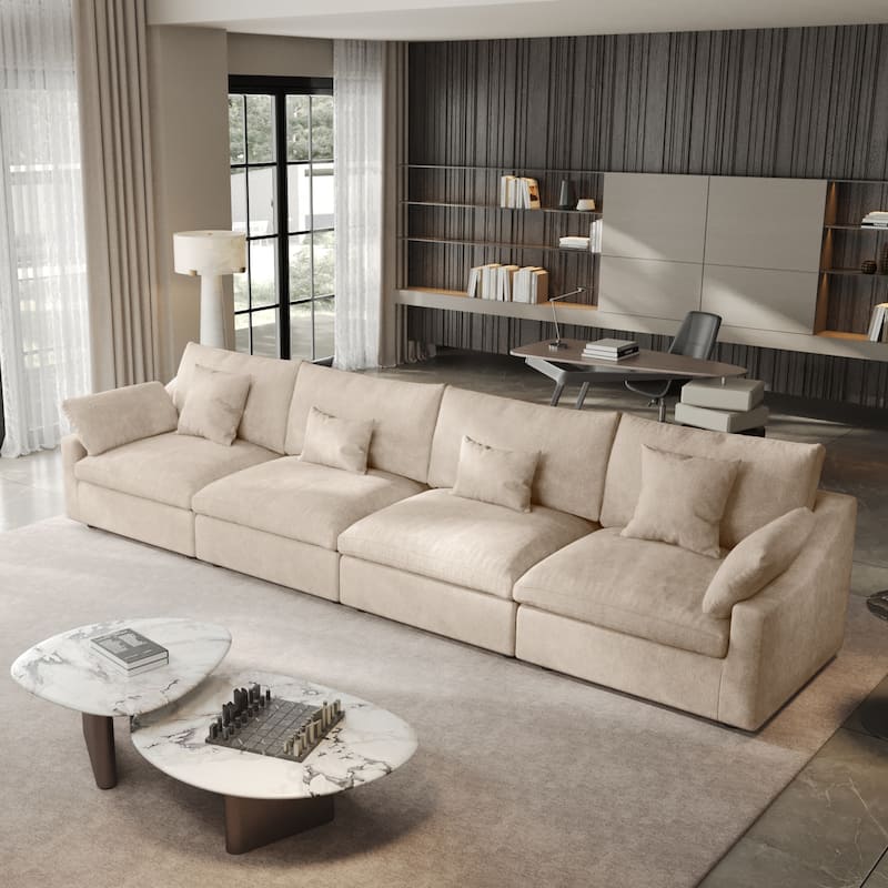 Classic Modern Linen Sectional Modular Sofa 4-Seater Down Filled Cloud Couch with Cushions - Khaki