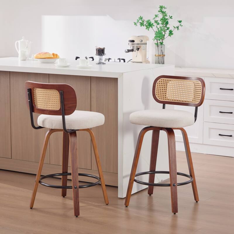 Set of 2, 26-Inch Counter Height Bar Stools - Cane Rattan Back, Linen Upholstered Seat, Swivel Design for Kitchen - Beige