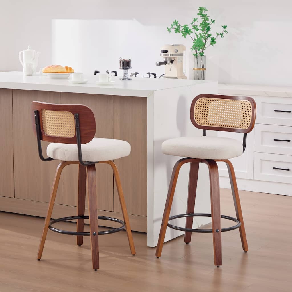 Set of 2, 26-Inch Counter Height Bar Stools - Cane Rattan Back, Linen Upholstered Seat, Swivel Design for Kitchen