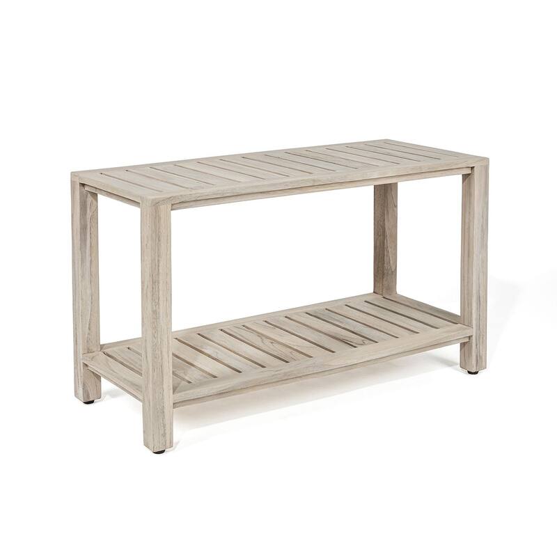 TeakCraft Gray Teak Shower Bench with Shelf 24 Inch - Fully Assembled, Rustic Gray Finish, The RICINA