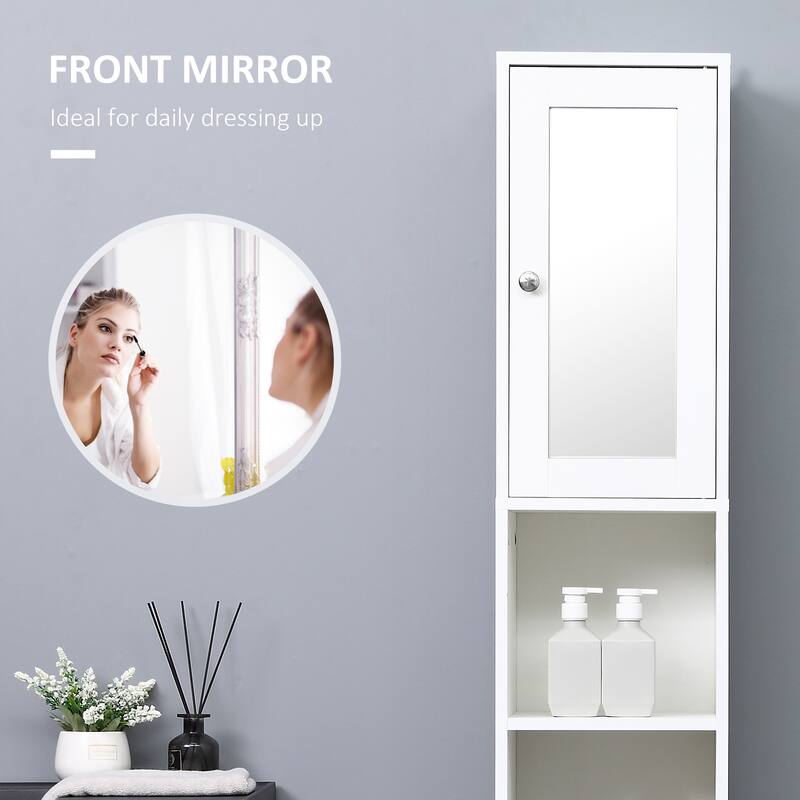 White Bathroom Floor Cabinet with Mirror Door Adjustable Shelves and Two Open Storage Compartments - 11.75" W x 11" D x 70.75" H