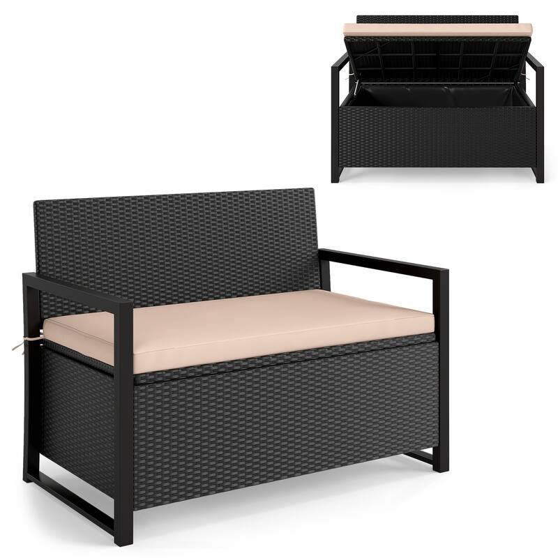 Gymax Patio Storage Bench Wicker Loveseat w/ Built-in Storage & Long - Black