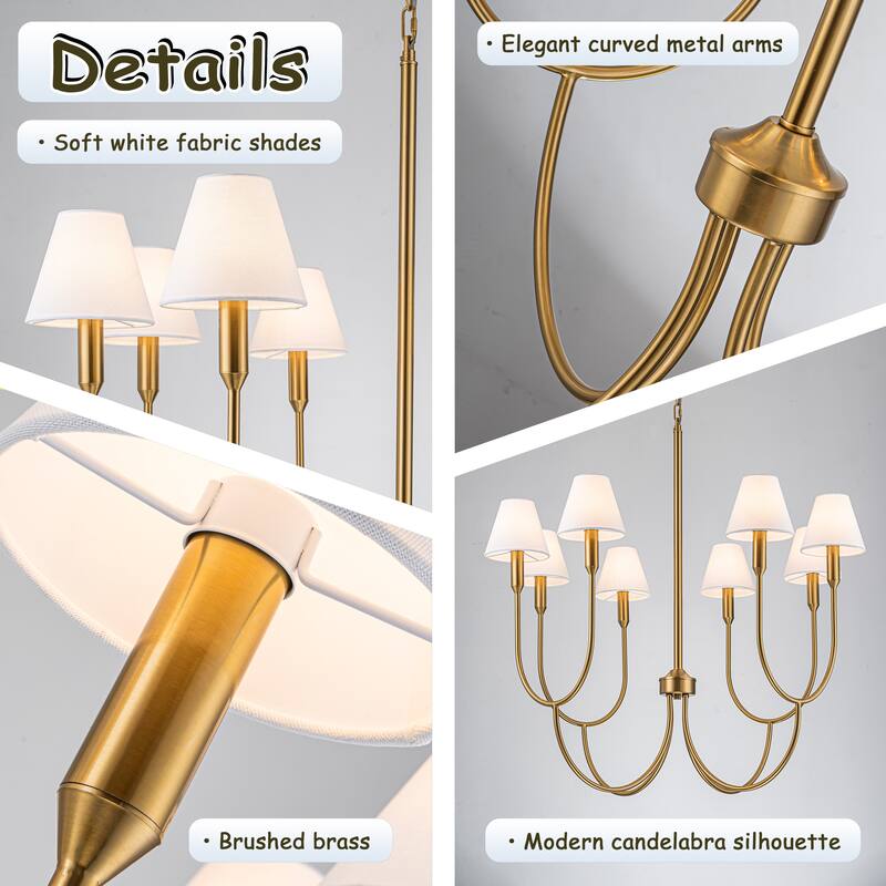 8-Light 32-Inch Mid-century Modern Satin Brass Large Chandelier with White Linen Fabric Shades For Dining Room or Foyers - W32''