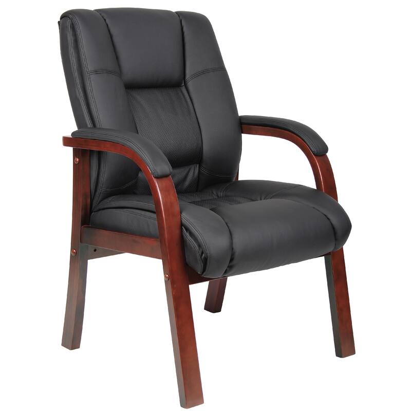 Aria Guest Armchair with Cherry Brown Wood Finish, Black Vinyl