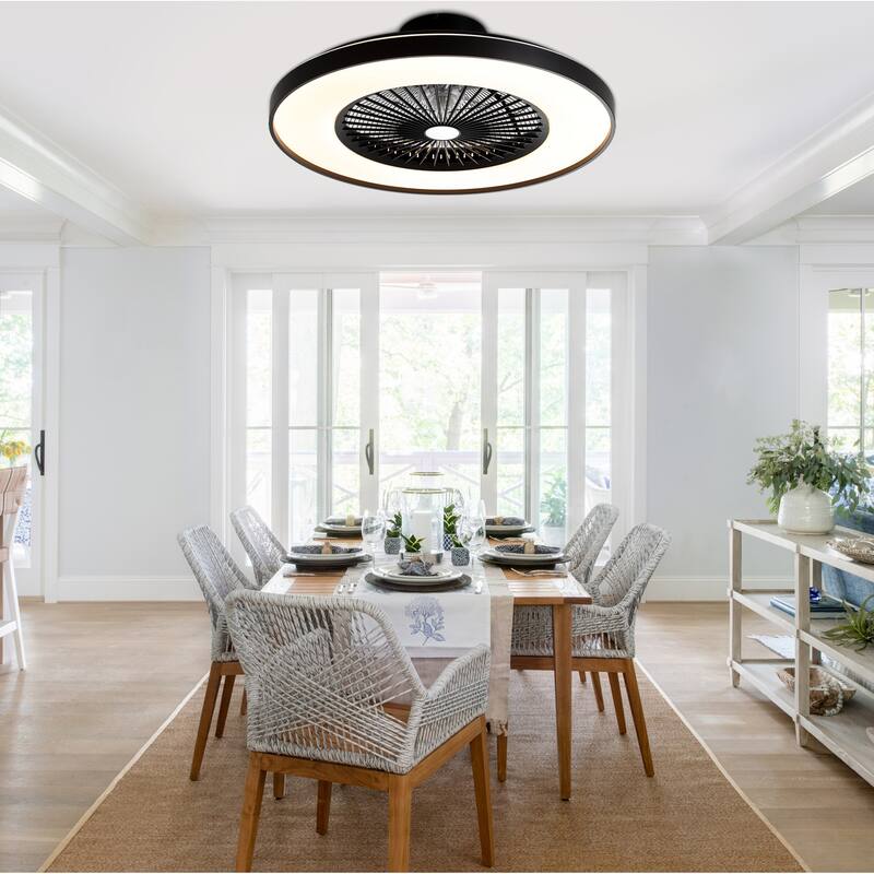 Cusp Barn 23 Inch Modern Low Profile RGB Ceiling Fan with Light, Smart Bladeless Flush Mount Enclosed Black Dimmable Ceiling Fan