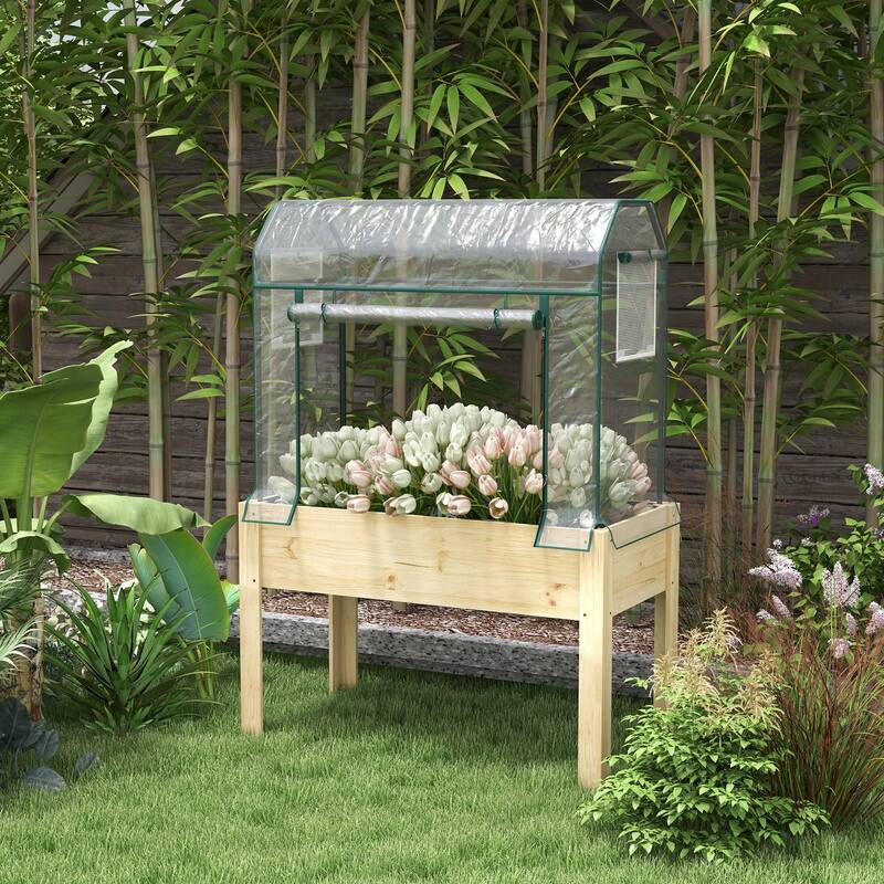 Outsunny Raised Garden Bed with Plastic Greenhouse Cover and Bed Liner, Outdoor Elevated Wood Planter Box - White