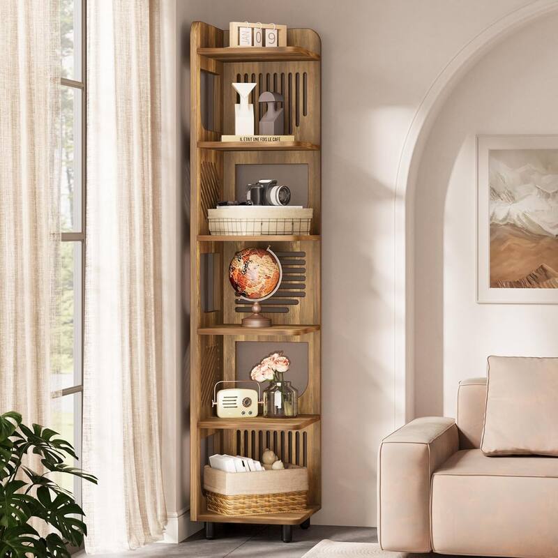 6-Tier Corner Shelf, Rustic Tall Corner Bookshelf for Living Room, Bedroom, Office