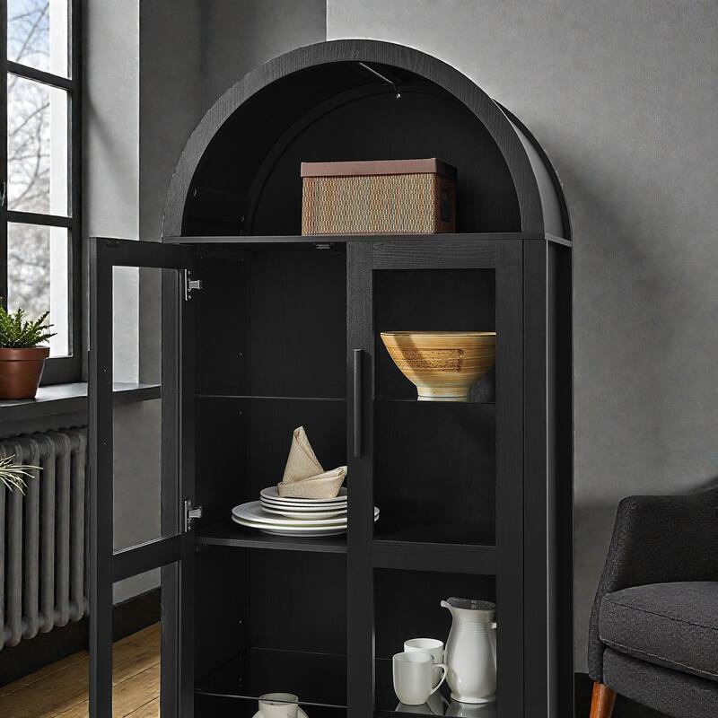 High Arched Wooden Storage Cabinet with LED Light, Adjustable Glass Shelves, Modern Retro Multi-Functional Display Locker