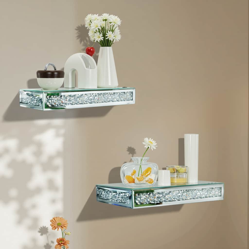2 Pcs Crushed Diamond Display Shelves for Wall Stylish Floating Wall Shelf for Plants Mirrored Glass Floating Shelf