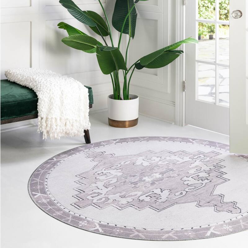 Traditional Rine Collection Area Rug - 3'6" Round - White-Gray