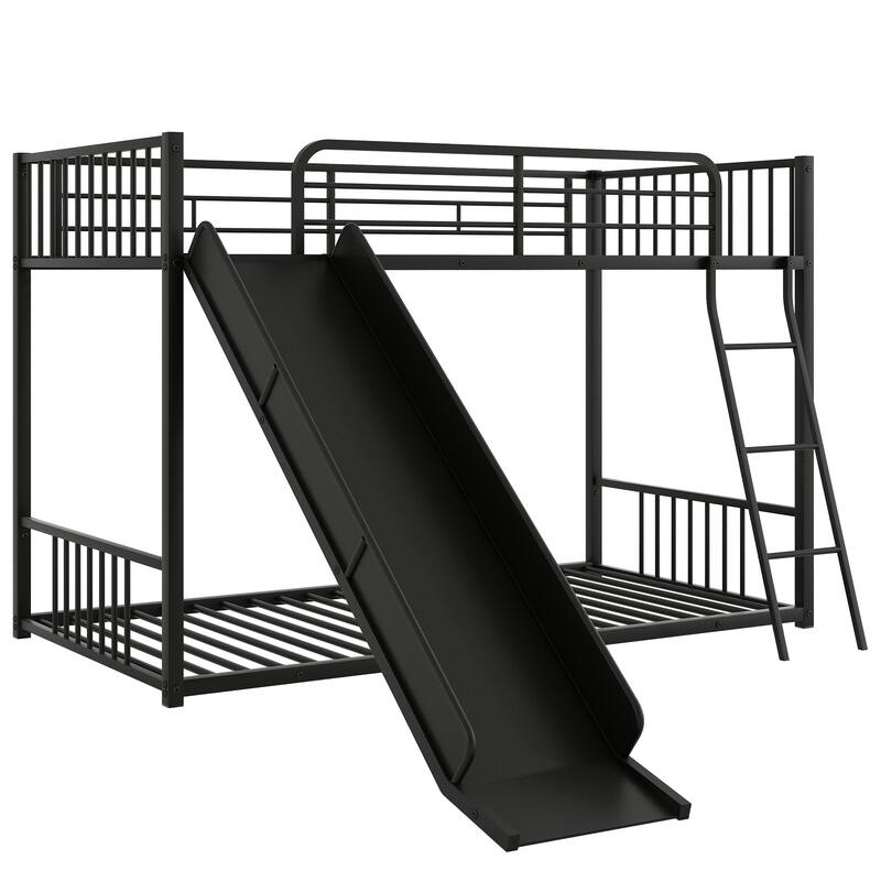 Twin Over Twin Metal Bunk Bed with Slide, Black - Space-Saving Kids Bed with Safety Railings
