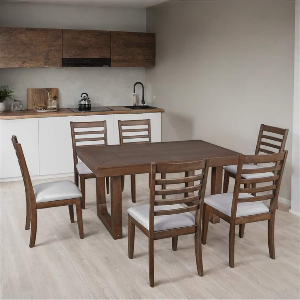 7 Piece Wood Extendable Dining Table Set with 6 Upholstered Chairs