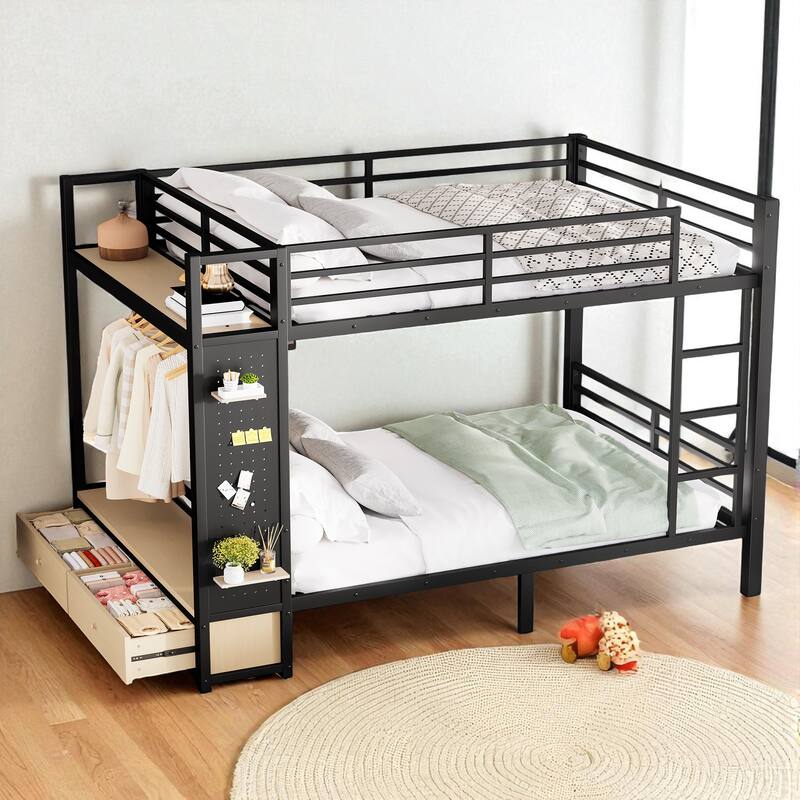 Full over Full / Queen over Queen Metal Bunk Bed with Shelves, Drawers and Pegboard Storage