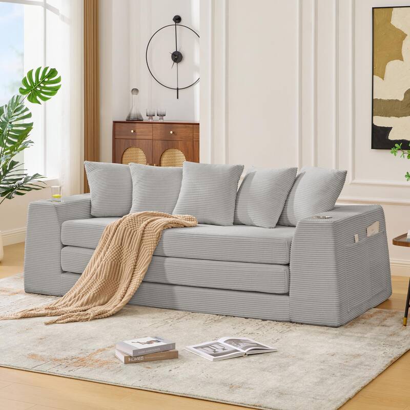 2 in 1 Convertible Sofa Bed, Sleeper Sofa with Storage Pockets, Pull Out Loveseat Couch with Two Cup Holders