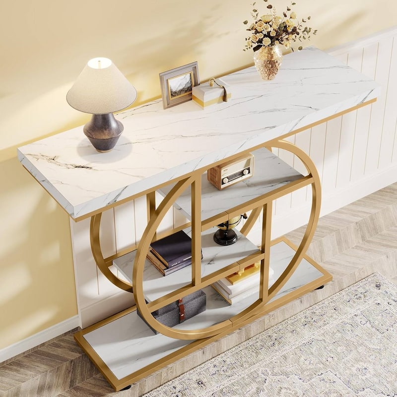 White Gold Engineered Wood Console Table with Metal Frame and Two-Tier Shelves - 11.81"W x 41.34"L x 31.5"H
