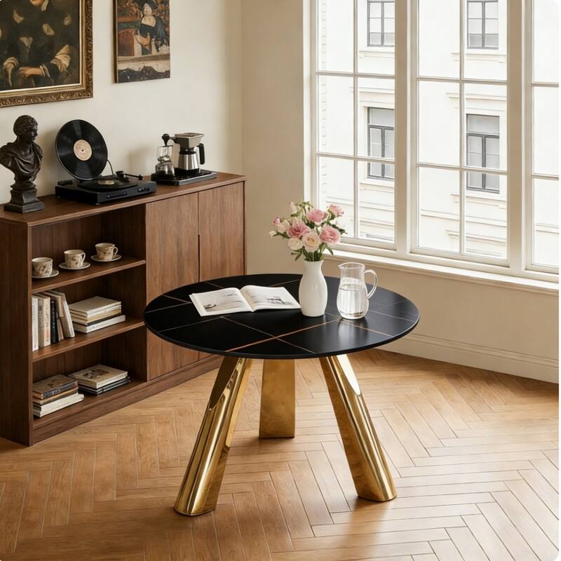 Round Dining Table, Kitchen Table with Stainless Steel Legs, Round Coffee Table Bistro Table for Dining Room