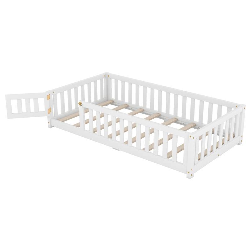 Twin Size Kids Floor Bed with Guardrails and Door