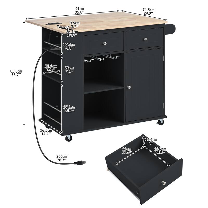 Kitchen Island with Power Outlet, Drop Leaf, Open Storage, Wine Rack & Adjustable Storage