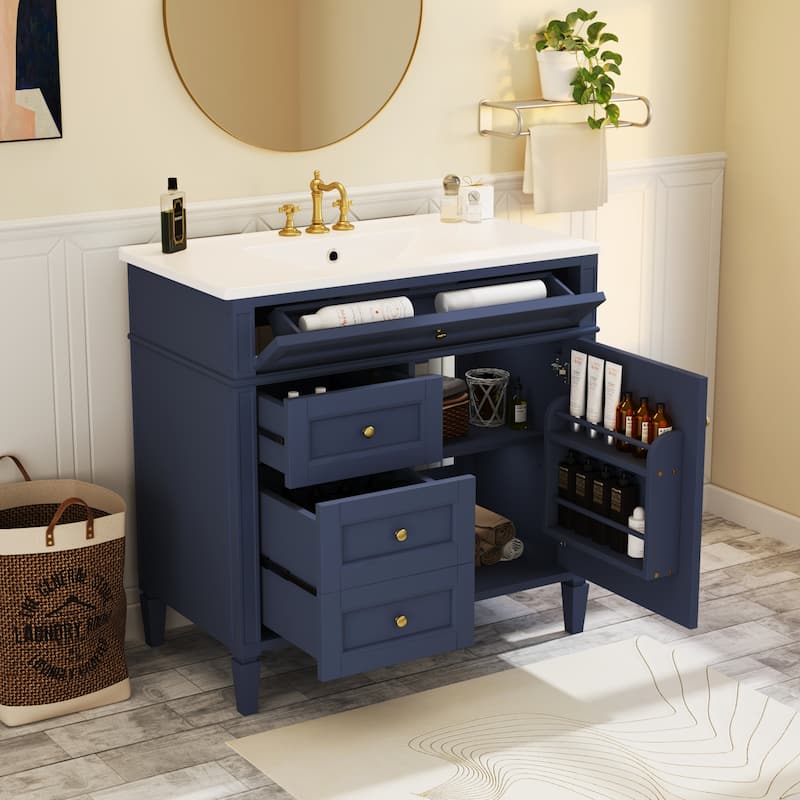 GDFStudio - Carradine Modern Freestanding Bathroom Vanity with Ceramic Sink and 2 Drawers & a Tip-out Drawer - 36'W