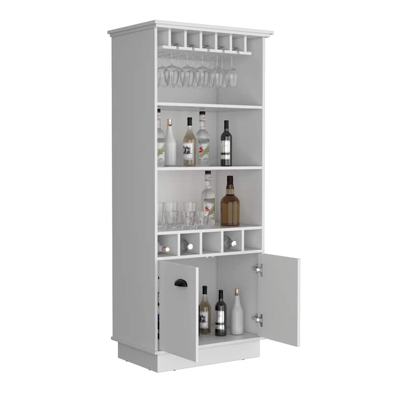 Dundee 70-Inch High 10-Glass Bar Cabinet with 5 Cubbies and 3 Open Shelves and Cabinet