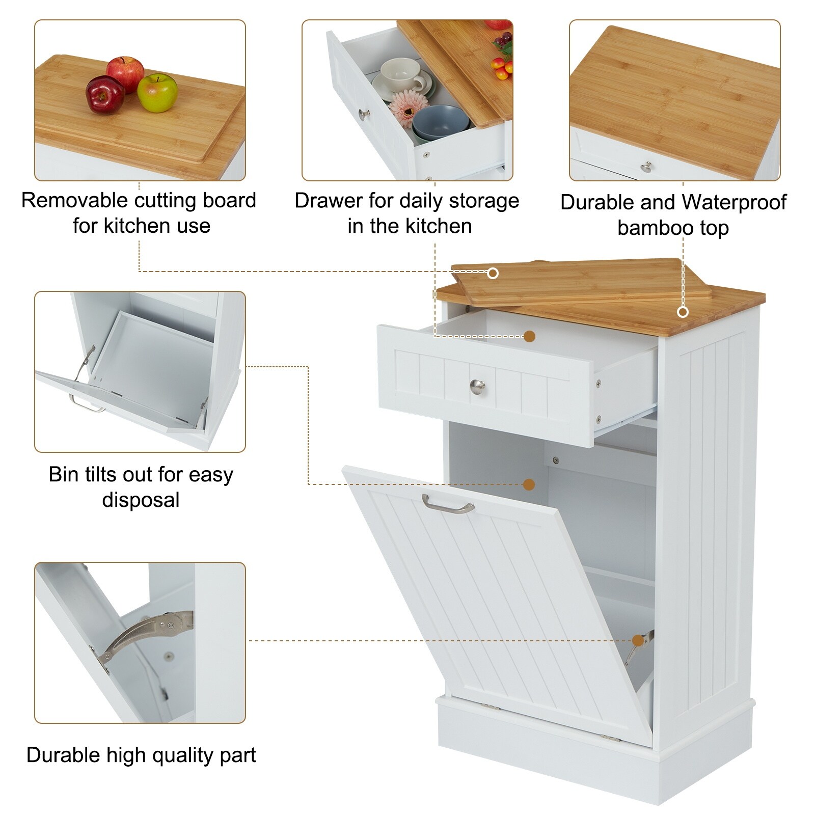 Tilt Out Trash Bin Cabinet with 2 Drawers & Bamboo Cutting Board