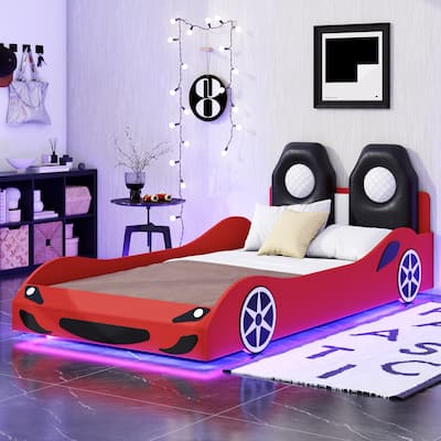 Wood Twin Size Race Car-Shaped Platform Bed With Led And Upholstered Backrest