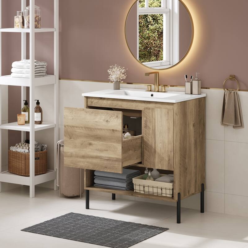 30" Freestanding Bathroom Vanity with Ceramic Basin Sink