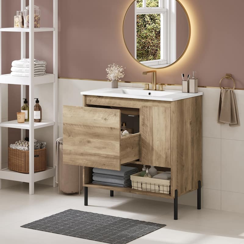 Bathroom Storage Vanity Cabinet with Ceramic Basin Sink Top Soft-Closing Door Cabinet and Open Shelf, Deep Drawer with Dividers