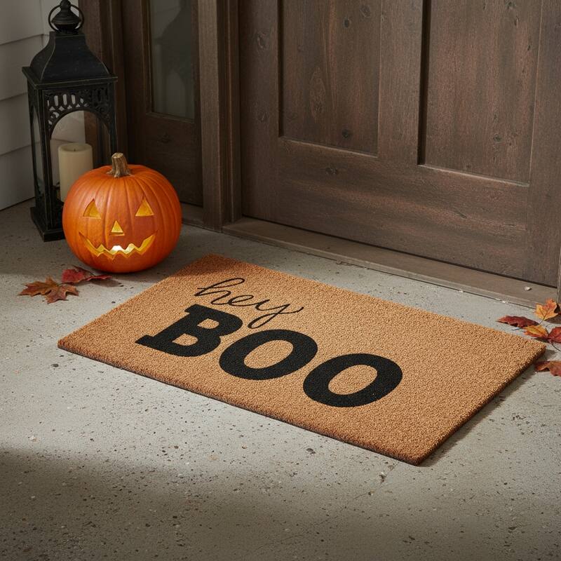 HomeRoots 17" X 29" Natural And Black Halloween Hey Boo Outdoor Coir Door Mat - 17.00' X '29.00 - 17.00' X '29.00