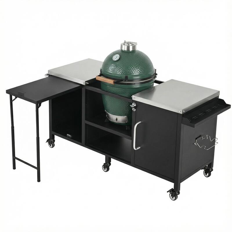 72.4"Large Grill Table for Large Big Green Egg,Metal Outdoor Grill Cart with Fold-out Prep Table,Adjustable Shelves,Spice Rack