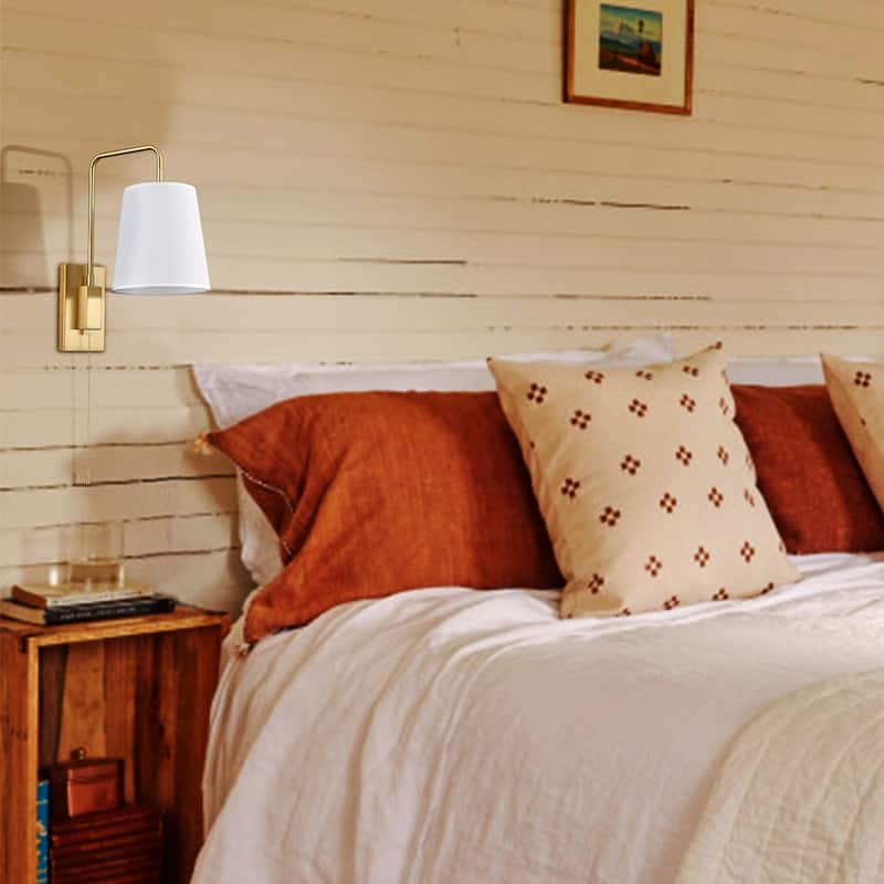 Culara Brass Wall Sconce , Fabric Shade, Plug in & Hardwired , Set of 2 Sconces