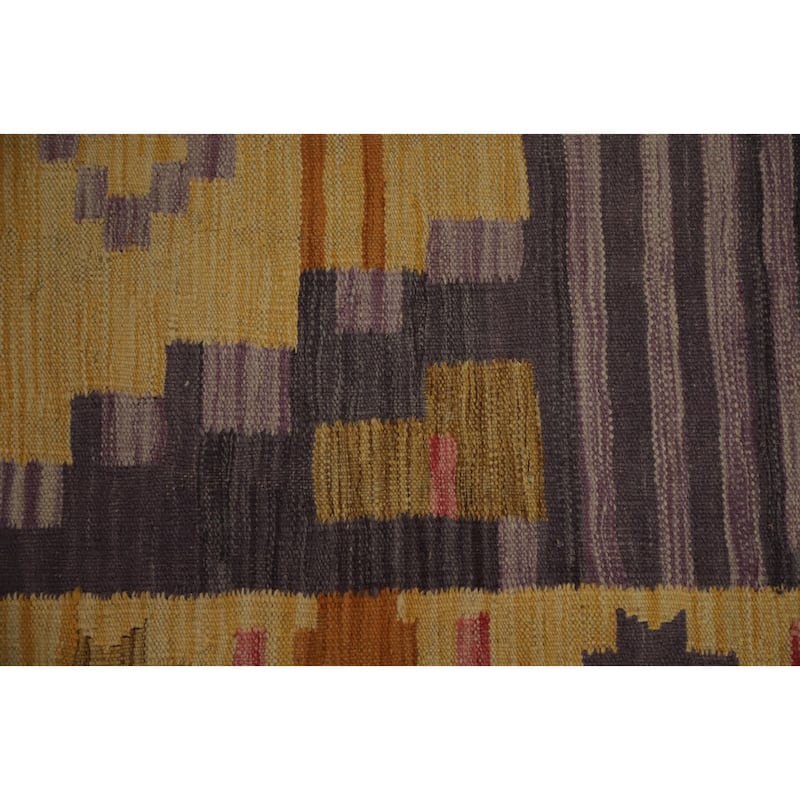 Hand Woven Oriental 100% Wool Carpet Southwestern Tribal Yellow & Gold Kilim Runner Rug - 11' 10'' X 2' 7''