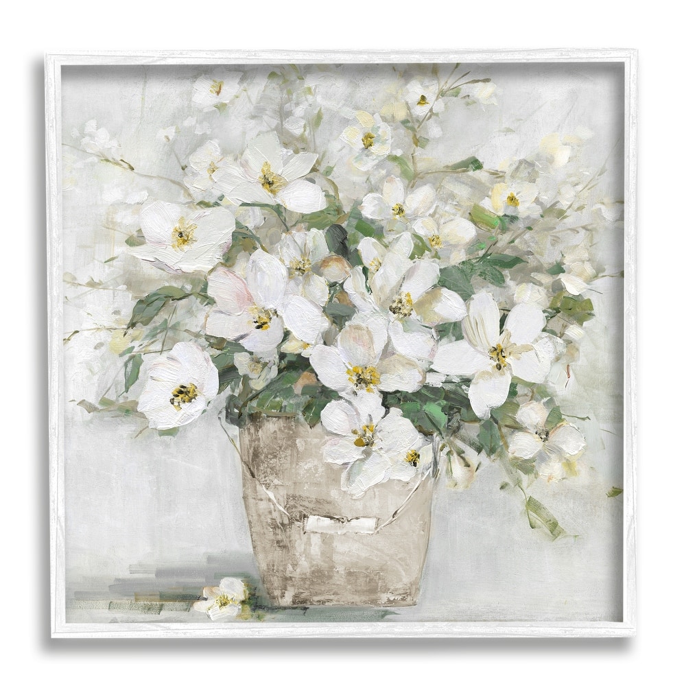 Stupell Farmhouse Poppies Floral Blossom Bouquet Country Bucket Framed Wall Art - Off-White