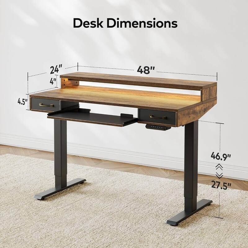 FEZIBO Height Adjustable Electric Standing Desk with Double Drawers&Keyboard Tray, Stand Up Desk with LED Strips