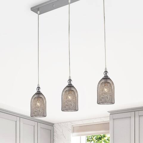 Emili Silver 3-Light Metal Bell Shades Linear Pendant Light with Clear Crystals Design