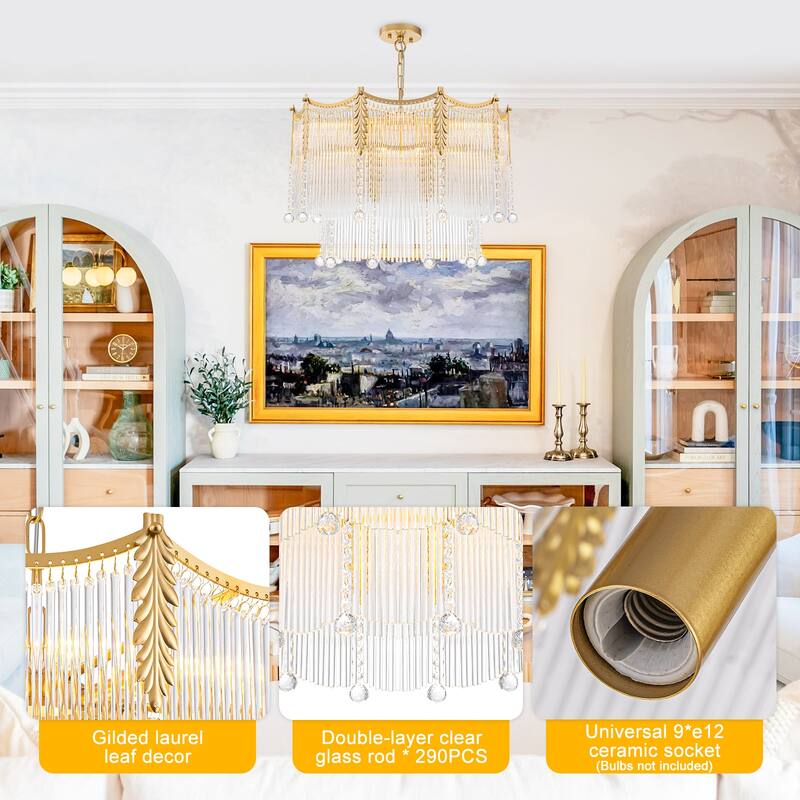 Gold Chandelier Clear Glass Rods & Hanging Crystal Balls Accents