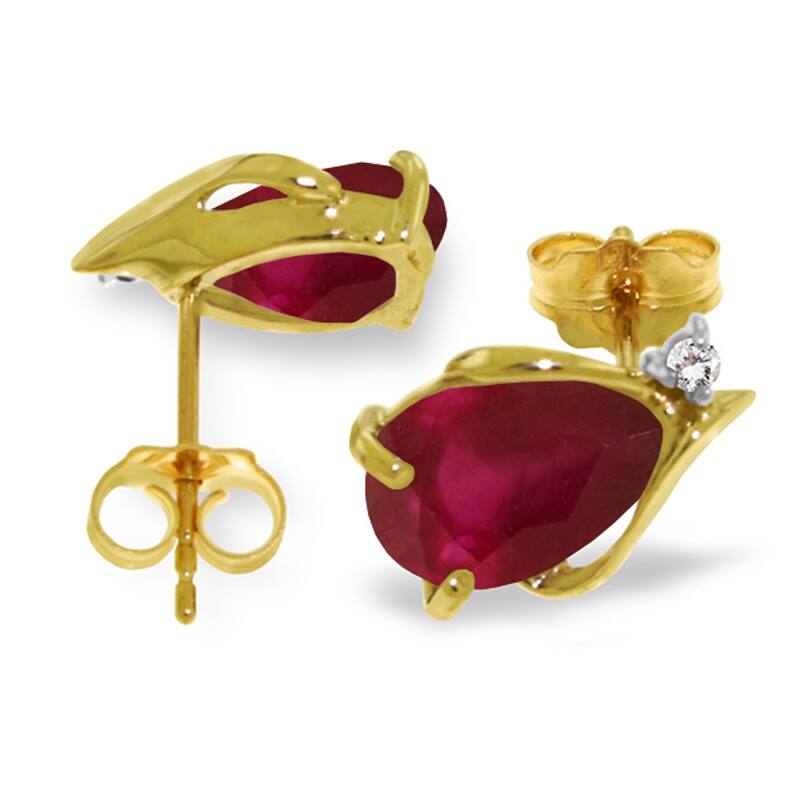 14K Solid Gold Studs Gemstone Earrings Natural Diamond & Ruby