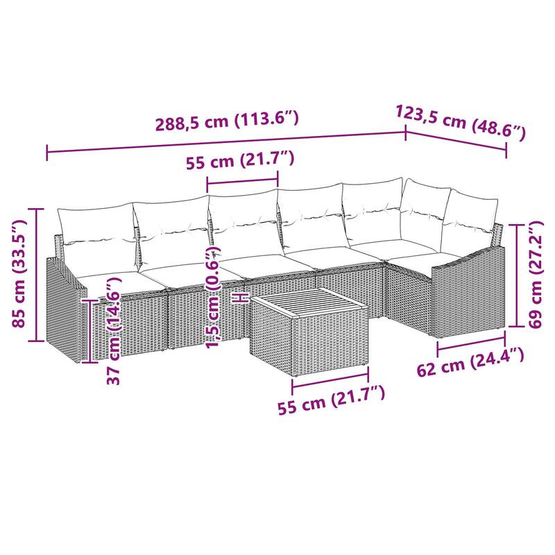 vidaXL 7 Garden Sofa Set with Cushions Black/Grey Poly Rattan - 113.8 x 48.6 x 27.2