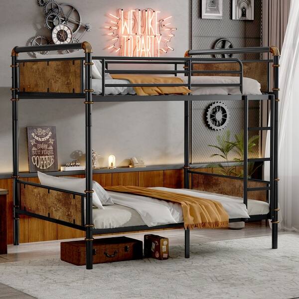 slide 2 of 39, Metal Bunk Bed Retro Black Bed Frame with Ladder and Guardrail, Industrial Detachable Bunkbeds Convertible 2 Platform Beds Black Twin XL Over Twin XL - Twin XL