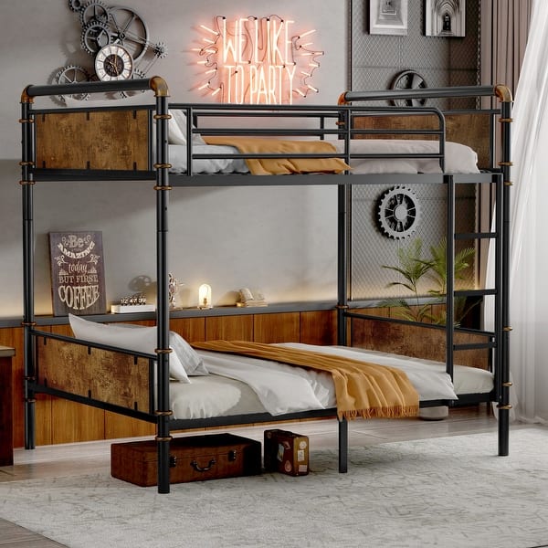 slide 2 of 13, Twin XL over Twin XL Metal Bunk Bed, Industrial Detachable Bunkbeds with Safety Guard Rails for Teens, Black Black