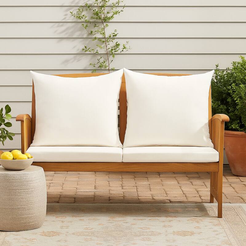 Mia Outdoor Loveseat Bench, Gray Cushions, Brown Solid Wood, 47 Inch