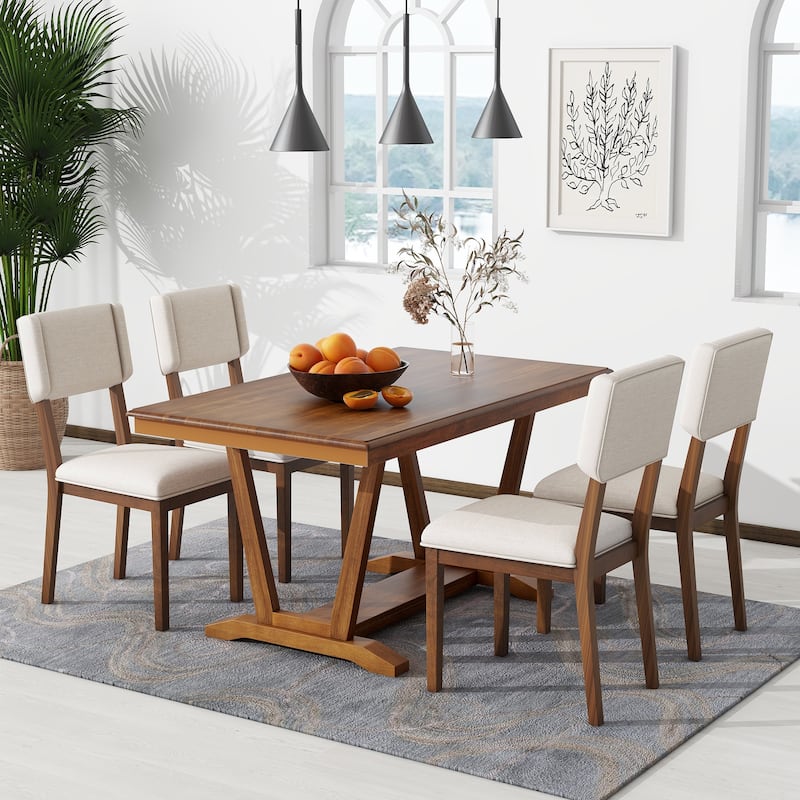 Rustic 5piece Dining Table Set with 4 Upholstered Chairs, 59inch