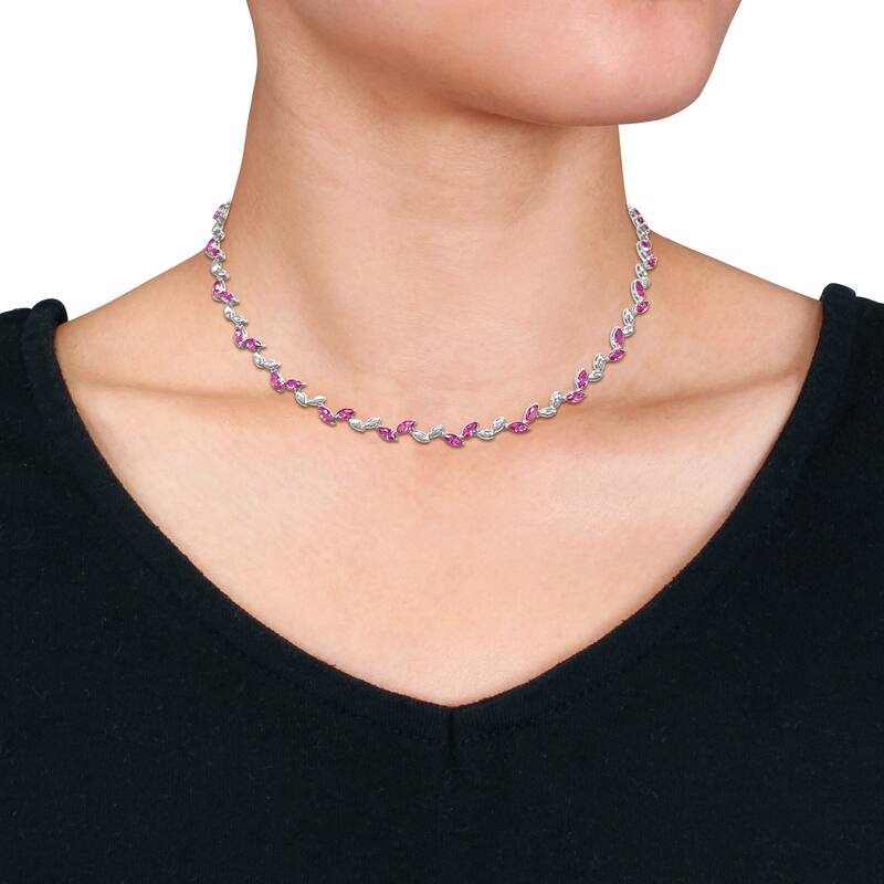 Miadora 20 3/8ct TGW Created Pink Sapphire in Sterling Silver Alternate Leaf Necklace-17 in