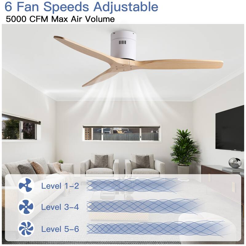 52In. Farmhouse Indoor Flush Mount Low Profile Ceiling Fan with Solid Wood Blades and Remote Control