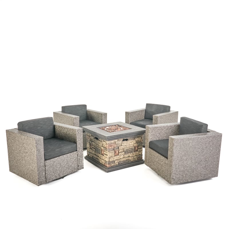 Puerta Outdoor 5-piece Wicker Chair and Square Stone Firepit Set by Christopher Knight Home