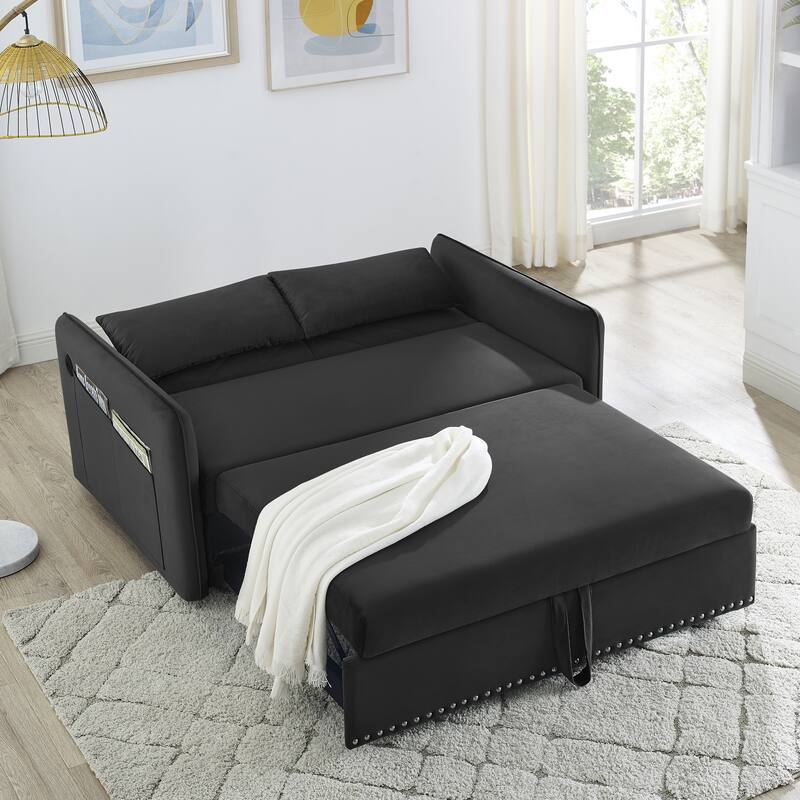 Velvet Convertible Sleeper Sofa Bed with 3-Level Adjustable Backrest, USB Port, and Side Pockets