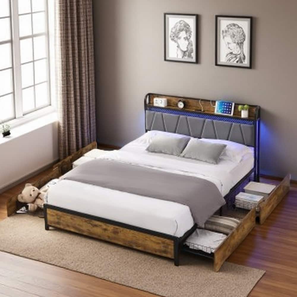 King Size Platform Bed with LED Headboard, Charging Ports, and 4 Rolling Storage Drawers, Rustic Brown and Gray Finish