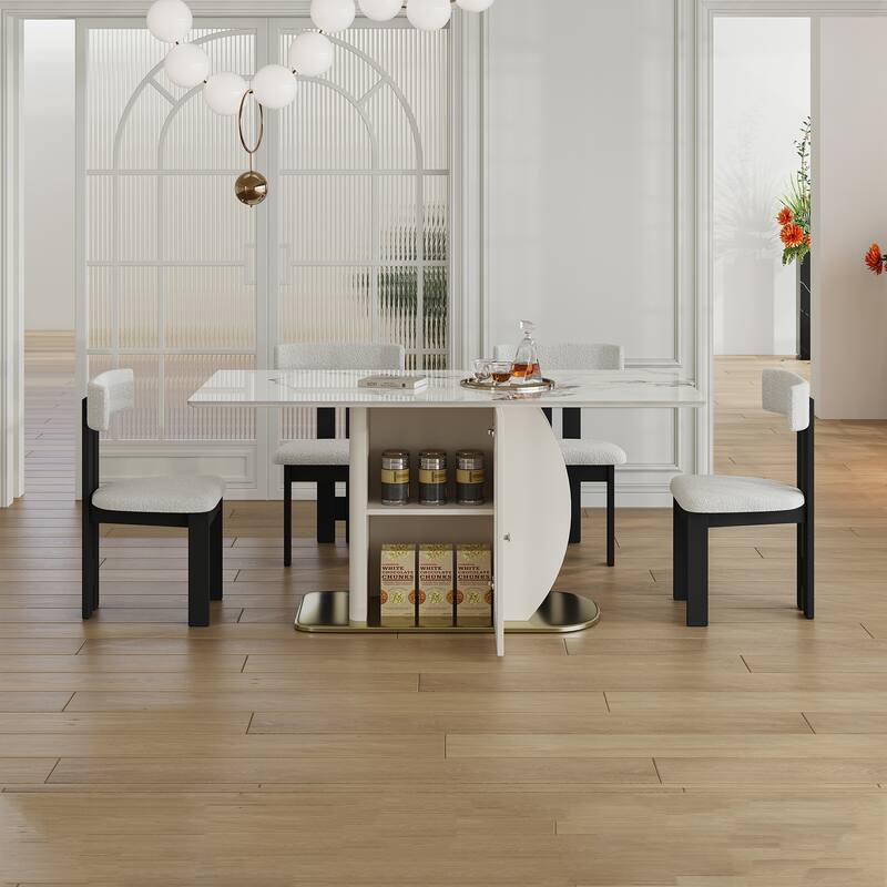 5-Piece Dining Table Set with Storage Cabinets, Kitchen Table Set with 4 Velvet Chairs for Dining Room