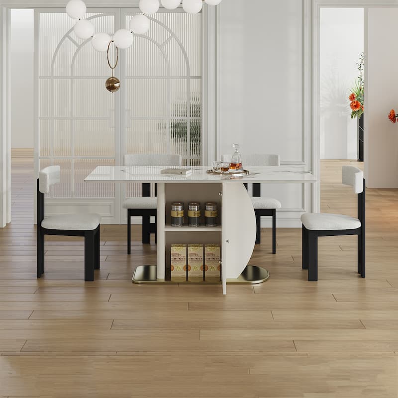 Roomfitters 63 Inch Dining Table Set with Chairs, Sintered Stone Kitchen Desk with Storage Cabinet, White