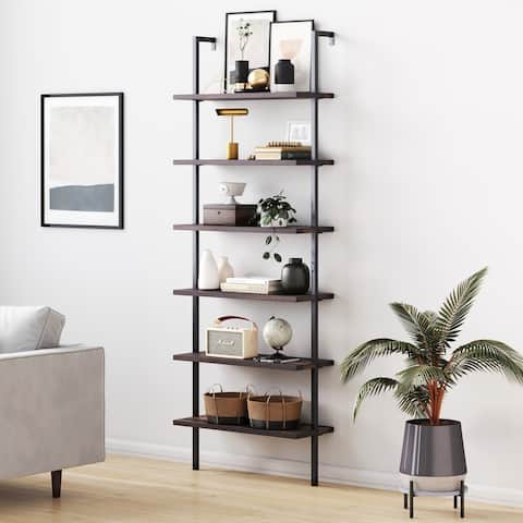Nathan James Theo 6-Shelf Tall Bookcase, Wall Mount Bookshelf Wood with Metal Frame